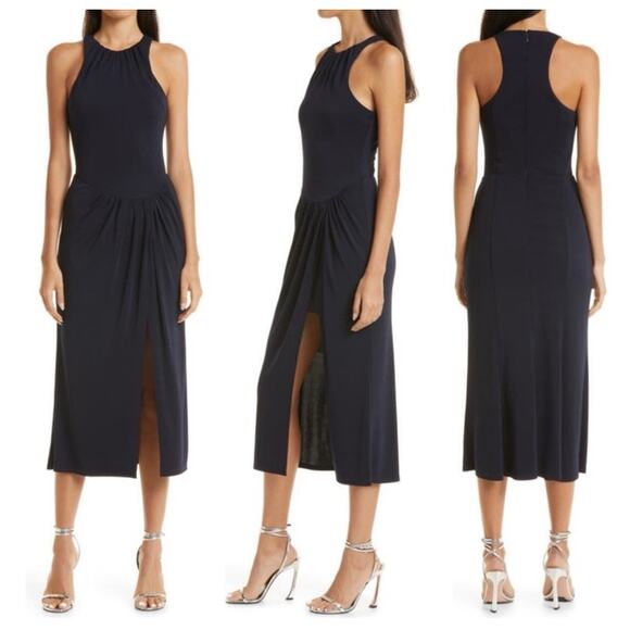 Cinq a Sept Women Lezlie Jersey Dress 12 Navy Drop Waist Midi Side Slit Cocktail - Picture 1 of 15